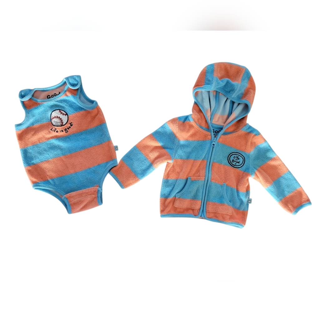 Life Is Good Striped Blue and Orange Baby One Piece Set With Zip Up